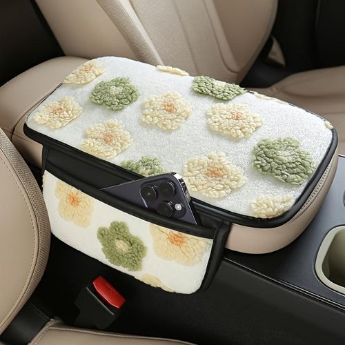 product_image_name-Generic-Plush car center armrest pad with storage pockets, made of soft polyester fabric, keeps hands warm during autumn and winter – Beige-1
