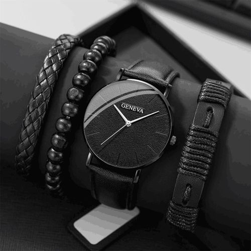 GENEVA Men’s Classic Leather Watch & Accessories Set – 4 Piece Collection - Black