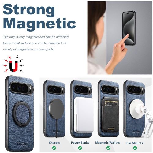 Google Pixel 9 Pro XL High Quality Leather Case,Wireless charging support, Magsafe 360 degrees Ring Bracket Kickstand shell - Blue - image 3