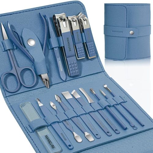 product_image_name-addigoes-16 Pcs Manicure Set, Professional Nail Clippers Pedicure Kit for Thick Nails - Stainless Steel Nail Care Tools with Travel Case, Grooming Kit for Men & Women (Blue）-2