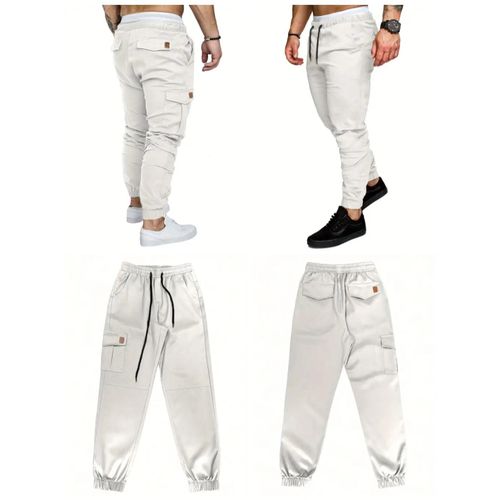product_image_name-Cargo-Men Patched Flap Pocket Drawstring Waist Pant - Daily Casual Trousers Khaki (Men/Boys Fashion Gift) - High Quality Fabric Slight Stretch - Magical White -2
