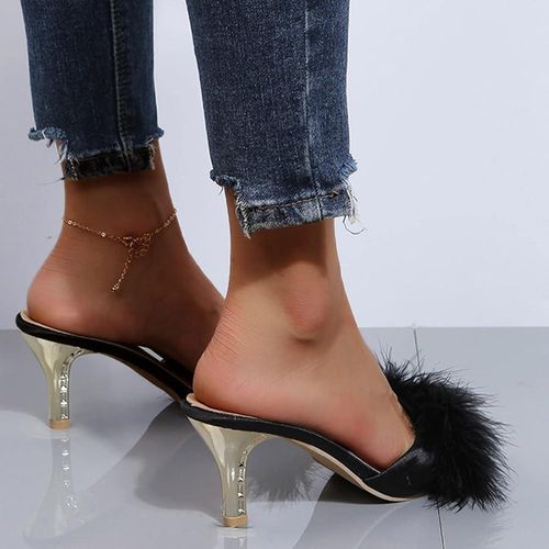product_image_name-Generic-Women’s Black Fluffy Fur Kitten Heel Slippers – Peep Toe Slip-(Black)-5