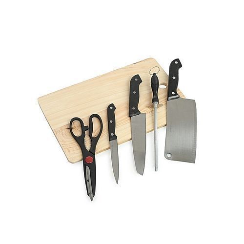 product_image_name-White Label-Knife Set with Wooden Chopping Board - 6 Pieces Black/Silver-1