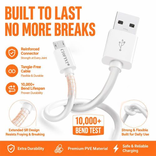 CIOFYNT 1m White Micro USB Cable, 2A Fast Charging Cord for Android Phones, Tablets & Power Banks - image 2