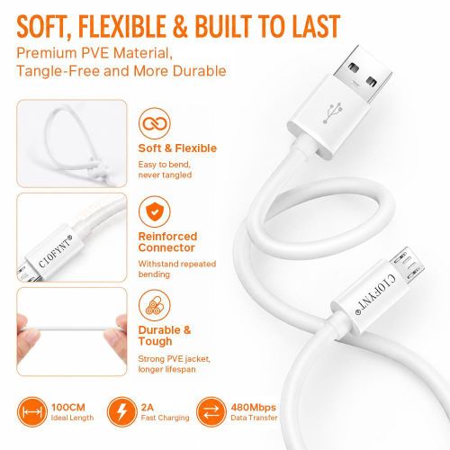 CIOFYNT 1m White Micro USB Cable, 2A Fast Charging Cord for Android Phones, Tablets & Power Banks - image 3