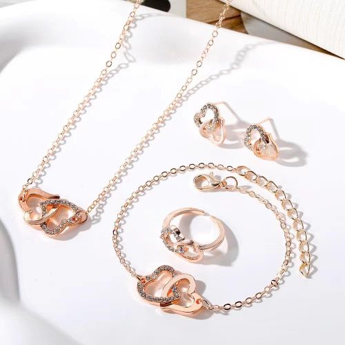product_image_name-Fashion-4 Pieces Earrings Necklace Bracelet Ring Set Skeleton Double Heart Alloy Premium Accessories Set Ladies Jewelry Set-1