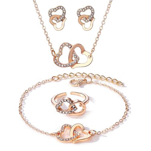 product_image_name-Fashion-4 Pieces Earrings Necklace Bracelet Ring Set Skeleton Double Heart Alloy Premium Accessories Set Ladies Jewelry Set-3