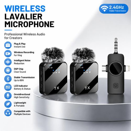 Generic 2-in-1 Wireless Lavalier Microphone, Plug-and-Play Lapel Mic with Noise Reduction for Vlogging & Live Streaming