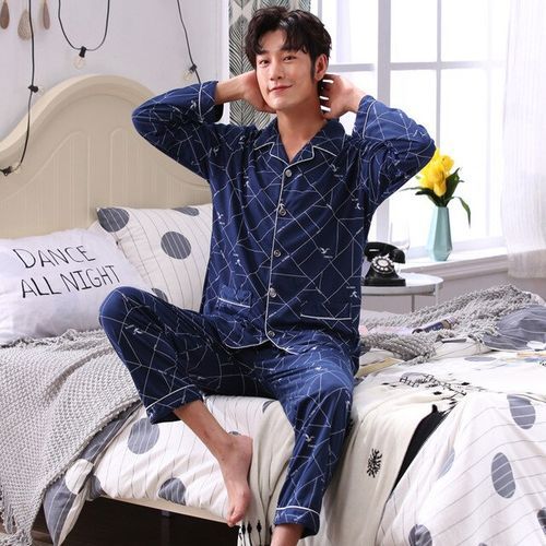 Shop Fashion Men's Pajamas Cotton Male Long Sleeve Striped Pyjama Set  Online