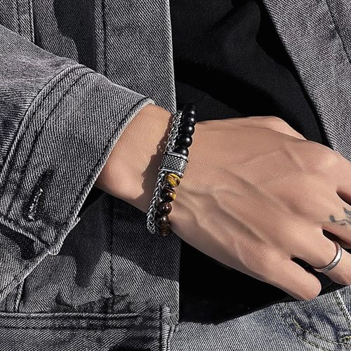 product_image_name-Fashion-Men's Double Layer Bracelet - Titanium Steel Chain & Tiger Eye Beads with OT Clasp-1