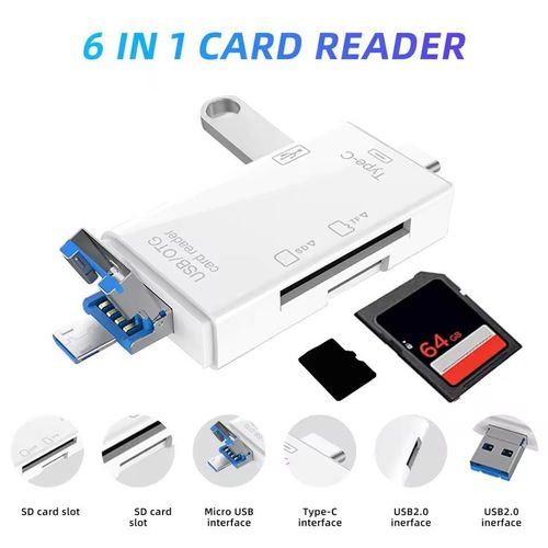 Generic Memory Cards Camera Memory Card Reader Clothes  Memory Card Reader 6-In-1 USB 2.0 Type C Card Reader -Computer Accessories -White - image 7