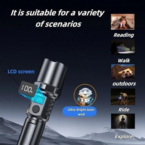 Generic Rechargeable LED Flashlight with Telescopic Zoom, Type-C Charging Digital Power Display High Brightness Torch - image 2
