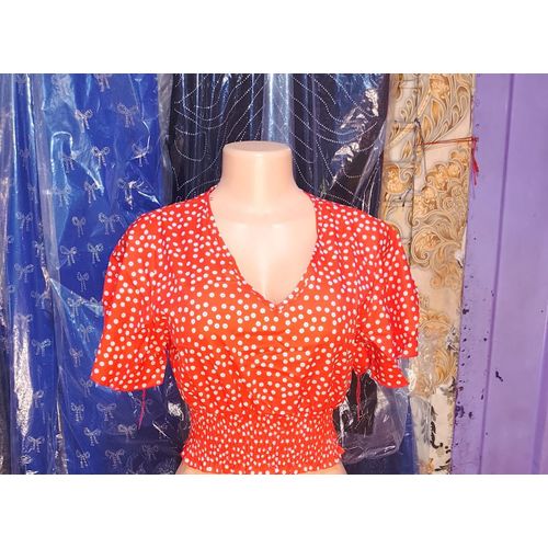 Fasfion Women's Floral V-Neck Smocked Crop Top- Red/White - image 3