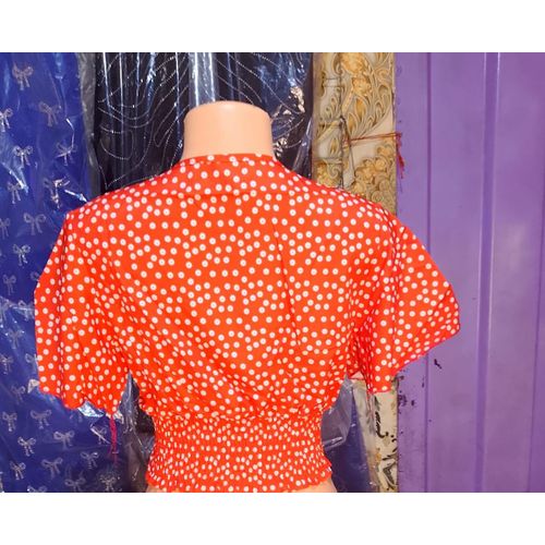 Fasfion Women's Floral V-Neck Smocked Crop Top- Red/White - image 4
