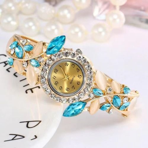 Lvpai Deyuer Luxury Women's Rhinestone Leaf Bangle Watch-Blue