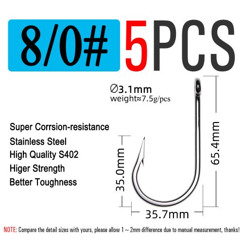 Stainless Steel Long Shank Fishing Hooks Saltwater 8/0# High