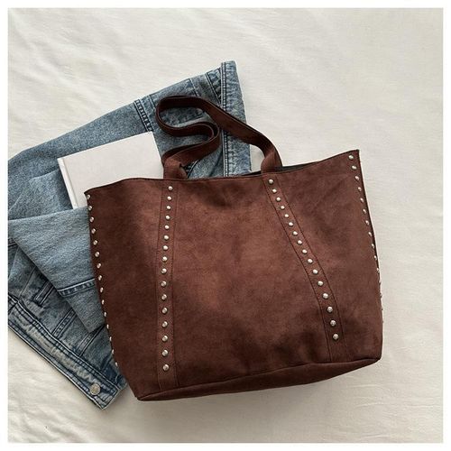 General Studded Tote Bag for Women, Retro Large Capacity Shoulder Bag, Simple Rivet Handbag, Brown - image 2