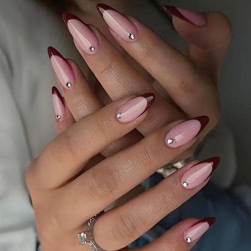 product_image_name-Generic-24pcs Medium Almond Press On Nails with Red Nail Tips & Rhinestone Decor-1