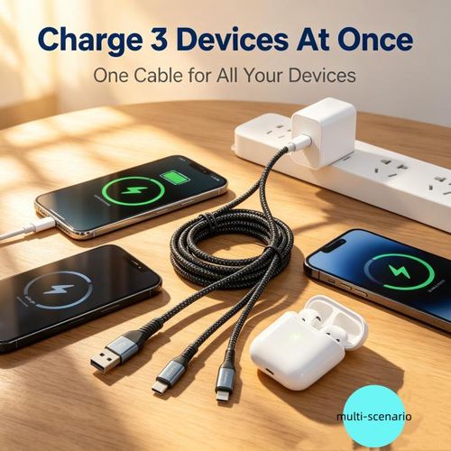 Generic 120W 6A Multi‑Function 3‑in‑1 Charging Cable, Type‑C/Micro‑USB, Compatible with Android & iOS Phones, Data Sync Cord - image 2