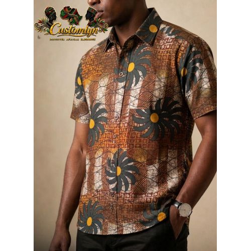 African Print Fan pattern brown short sleeve