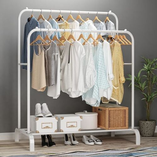 product_image_name-White Label-Double Multipurpose Clothes Hanger With Shoes Rack - White-1