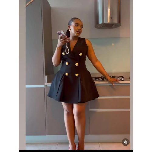 Fashion Double-breasted Mini Dress - Black