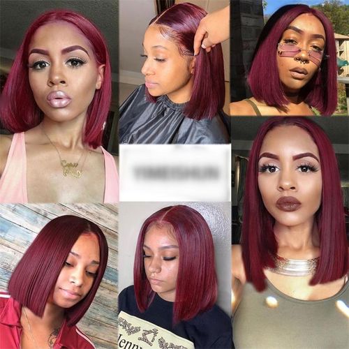 product_image_name-Generic-99J Lace Front Wig H-uman H-air Short Bob Wig Middle Part Wig - Burgundy-2