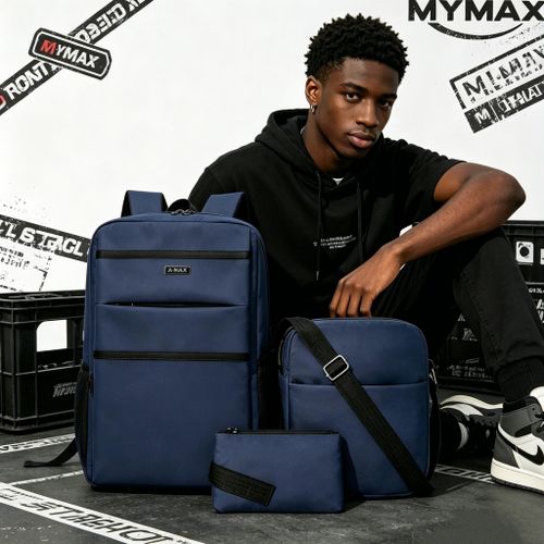 Fashion Men's 3-Pcs Business Backpack Set – Multi-Pocket Laptop Bag, Shoulder Bag & Pouch for Work, School & Travel, Navy Blue - image 2