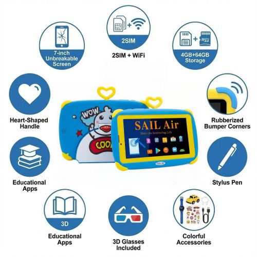 product_image_name-Sail Air-S360 Kids Tablet, 7 Inch Unbreakable Screen, 4GB RAM 64GB Storage, Dual SIM Card Slots + WiFi, Toddler Tablet with Shockproof Silicone Case, Preloaded Educational Apps, 3D Glasses & Stylus Pen for Boys & Girls-3