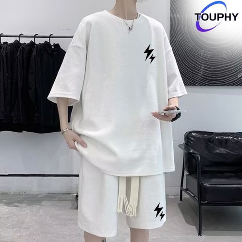product_image_name-TOUPHY-Men's Shirts Short Sleeve T-Shirt & Shorts Set - White-1