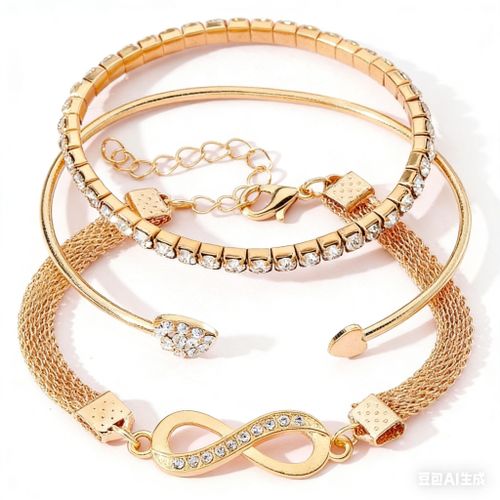 Generic 3pieces Crystal Snake Chain Infinity Bracelet Set-Gold