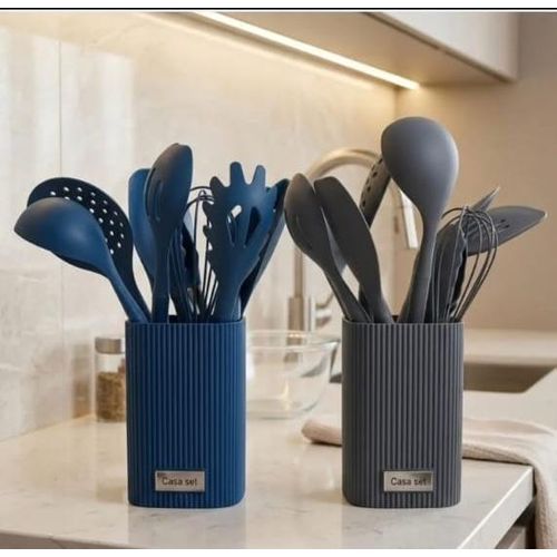 Generic 12-Piece Silicone Kitchen Utensil Set with Holder – Blue/Grey