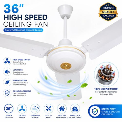 Generic 36" High Speed Ceiling Fan – Silent Double Ball Bearing Motor with 5 Speed Regulator – White
