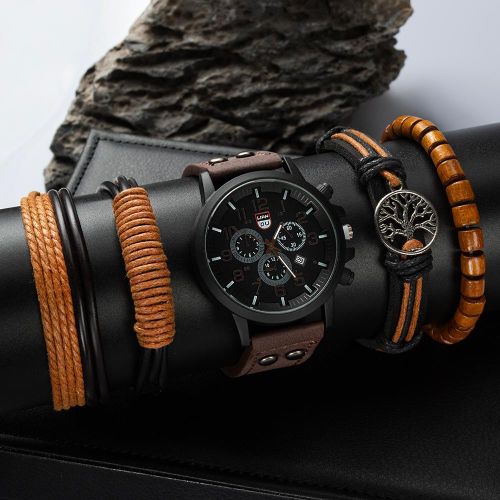 product_image_name-Fashion-Men's Business Quartz Watch Leather Strap with Bracelet - Brown-1