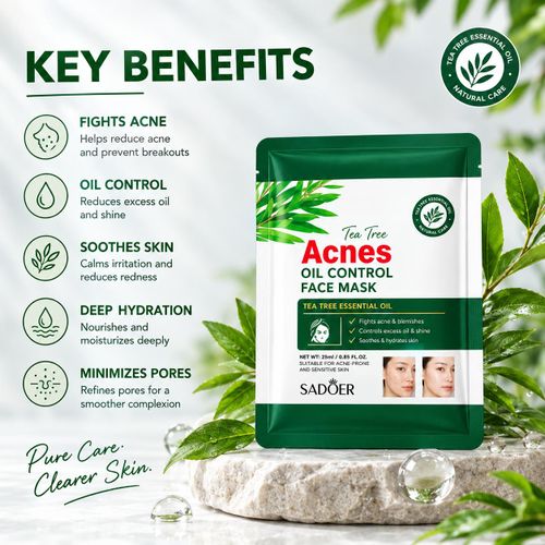 SADOER 3Pcs Tea Tree Acne Oil Control Facial Mask - 25ml - image 5