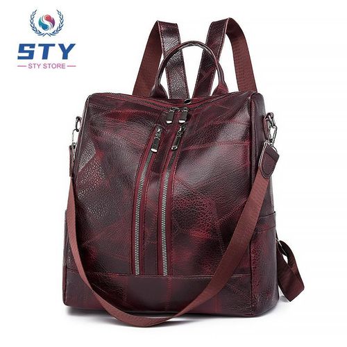 product_image_name-STY-Ladies Handbag Women Backpack Korean Version PU Bag Single-Shoulder Bag Top-handle Bag - Red Wine-1