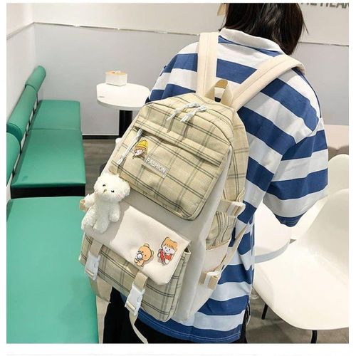 product_image_name-Gukbis-Love grid cartoon canvas five-piece school bag, large capacity casual simple backpack - green-4