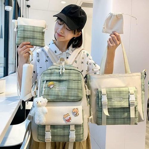 product_image_name-Gukbis-Love grid cartoon canvas five-piece school bag, large capacity casual simple backpack - green-5