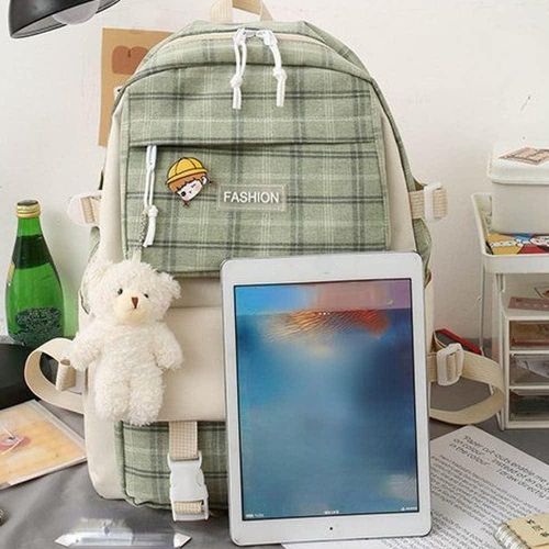 product_image_name-Gukbis-Love grid cartoon canvas five-piece school bag, large capacity casual simple backpack - green-6