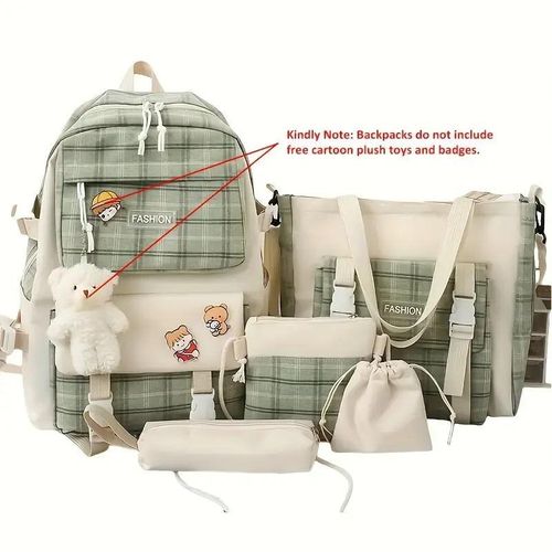 product_image_name-Gukbis-Love grid cartoon canvas five-piece school bag, large capacity casual simple backpack - green-7