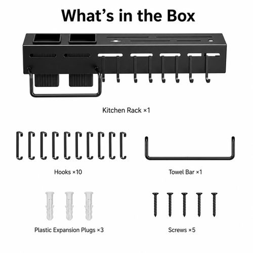 LM Wall-Mounted Knife Rack, 31cm Stainless Steel Kitchen Organizer with 10 Hooks and Towel Bar-black - image 5
