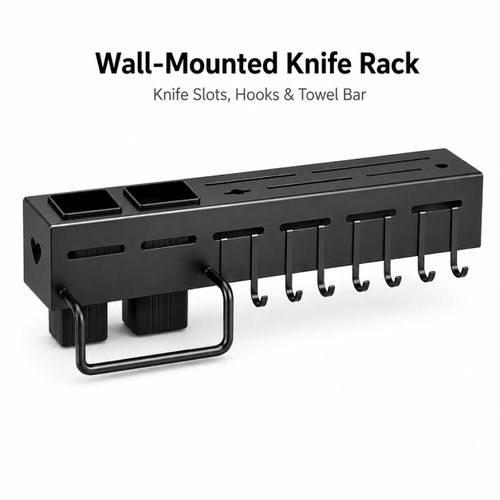 LM Wall-Mounted Knife Rack, 31cm Stainless Steel Kitchen Organizer with 10 Hooks and Towel Bar-black - image 6