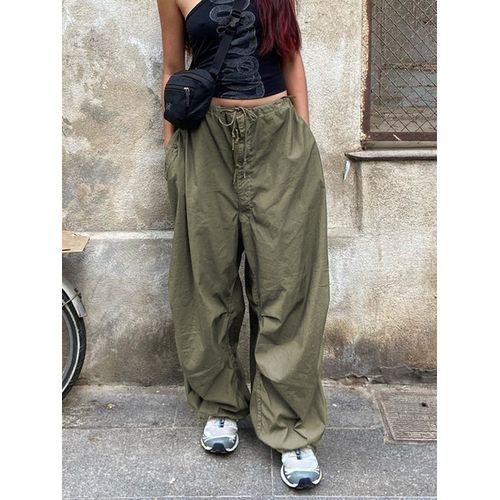 Shop Generic Casual Baggy Wide Leg Sweatpants White Loose Drawstring Low  Waist Streetwear Cargo Pants Womens Joggers Trousers(#green-cotton) Online
