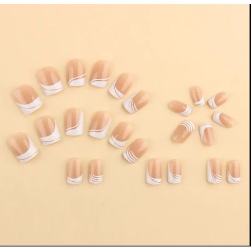 Generic 24PCS Short Square Press-On Nails – Nude Pink Line Art Removable Artificial Nail Set - image 4