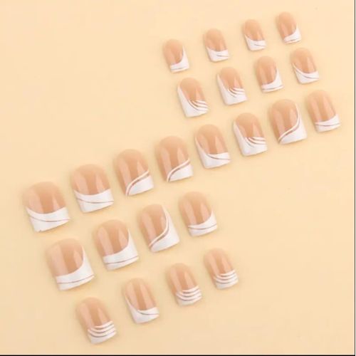 Generic 24PCS Short Square Press-On Nails – Nude Pink Line Art Removable Artificial Nail Set - image 5