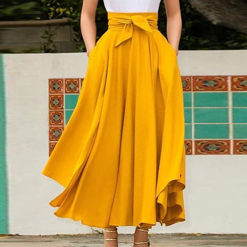 High Waist Solid Color A Line Maxi Midi Skirts For Women With Slim Bow Belt  And Pleated Design In Red, Orange, And Yellow Perfect For Summer Fashion  Style #230330 From Kai02, $14.28