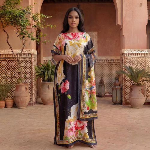 product_image_name-Fashion-Eid Ramadan Black Floral Abaya for Women Loose Long Muslim Dress 140*80cm Free Hijab Included-1