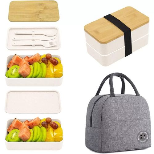 product_image_name-Genetic-Japanese Style 2-Tier Bento Lunch Box Set with Bamboo Lid, Spoon & Fork, Insulated Tote Bag - White-1
