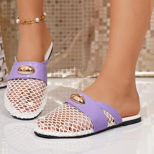 product_image_name-Fashion-Women's Breathable Mesh Flat Mules with Gold Buckle - Comfortable Closed Toe Slip-On Sandals - Purple/ White-1