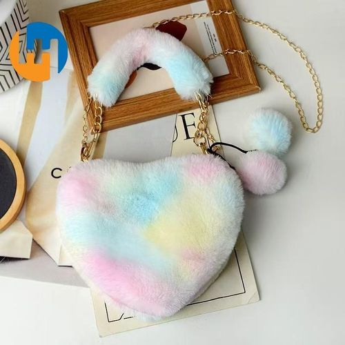 product_image_name-HUAHUA-New Colorful Love Plush Bag Single Shoulder Underarm Women's Bag Peach Heart Bag Cross Shoulder Straw Chain Handbag-1
